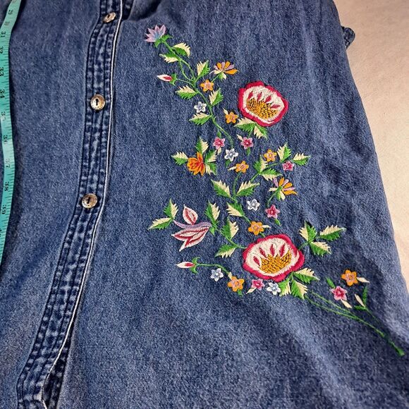 Vintage 90’s Denim Dress Bea Classics Womens M Cottagecore Floral Embroidered - Picture 5 of 9